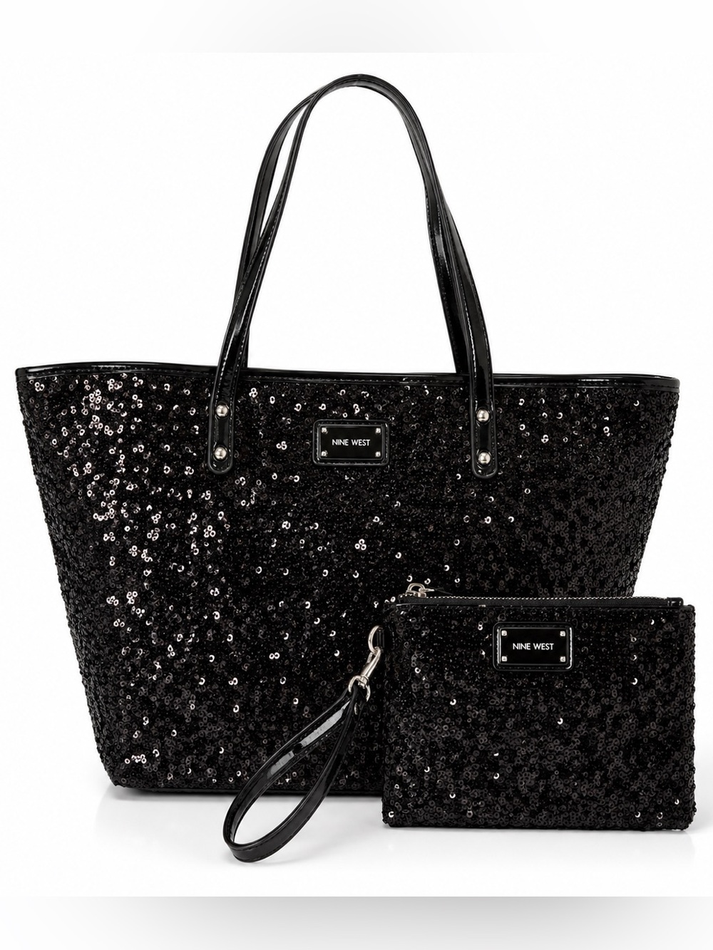 NWOT Nine West Black Sequin Tote Bag + Matching Wristlet Sparkle